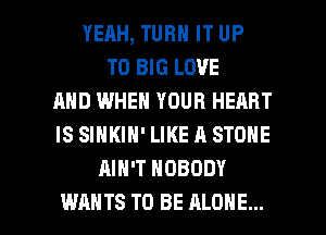 YERH, TURN IT UP
TO BIG LOVE
AND WHEN YOUR HEART
IS SINKIN' LIKE A STONE
AIN'T NOBODY

WANTS TO BE ALONE... l