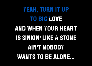 YERH, TURN IT UP
TO BIG LOVE
AND WHEN YOUR HEART
IS SINKIN' LIKE A STONE
AIN'T NOBODY

WANTS TO BE ALONE... l