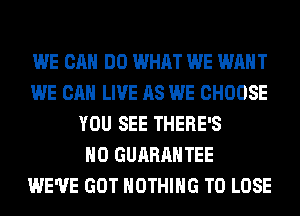 WE CAN DO WHAT WE WANT
WE CAN LIVE AS WE CHOOSE
YOU SEE THERE'S
H0 GUARANTEE
WE'VE GOT NOTHING TO LOSE