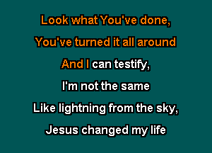 Look what You've done,
You've turned it all around
And I can testify,

I'm not the same

Like lightning from the sky,

Jesus changed my life