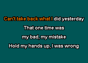 Can't take back what I did yesterday
That one time was

my bad, my mistake

Hold my hands up, I was wrong