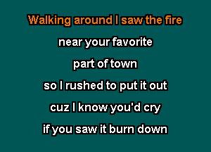 Walking around I saw the fire
near your favorite

part of town

so I rushed to put it out

cuz I know you'd cry

ifyou saw it burn down