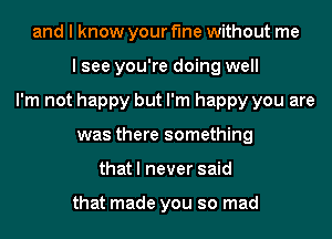 and I know your fine without me
I see you're doing well
I'm not happy but I'm happy you are
was there something
that I never said

that made you so mad