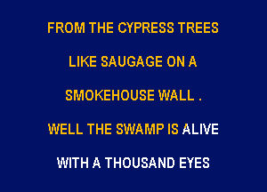 FROM THE CYPRESS TREES
LIKE SAUGAGE ON A
SMOKEHOUSE WALL.

WELL THE SWAMP IS ALIVE

WITH A THOUSAND EYES l