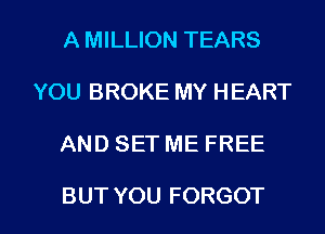 A MILLION TEARS
YOU BROKE MY HEART

AND SET ME FREE

BUT YOU FORGOT l