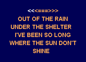 OUT OF THE RAIN
UNDER THE SHELTER
I'VE BEEN SO LONG
WHERE THE SUN DON'T
SHINE