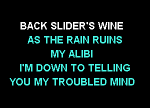 BACK SLIDER'S WINE
AS THE RAIN RUINS
MY ALIBI
I'M DOWN TO TELLING
YOU MY TROUBLED MIND