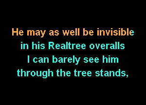 He may as well be invisible
in his Realtree overalls

I can barely see him
through the tree stands,