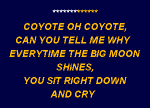 COYOTE OH COYOTE,
CAN YOU TELL ME WHY
EVERYTIME THE BIG MOON
SHINES,

YOU SIT RIGHT DOWN
AND CRY