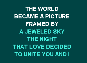 THE WORLD
BECAME A PICTURE
FRAMED BY
A JEWELED SKY
THE NIGHT
THAT LOVE DECIDED
T0 UNITE YOU AND I