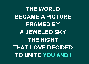 THE WORLD
BECAME A PICTURE
FRAMED BY
A JEWELED SKY
THE NIGHT
THAT LOVE DECIDED
T0 UNITE YOU AND I