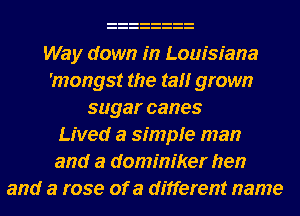 Way down in Louisiana
'mongst the tamr grown
sugarcanes
Lived a simple man
and a dominiker hen
and a rose of a different name