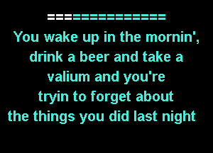 You wake up in the mornin',
drink a beer and take a
valium and you're
tryin to forget about
the things you did last night