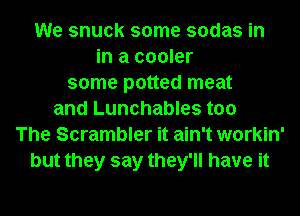 We snuck some sodas in
in a cooler
some potted meat
and Lunchables too
The Scrambler it ain't workin'
but they say they'll have it