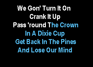 We Gon' Turn It On
Crank It Up
Pass 'round The Crown

In A Dixie Cup
Get Back In The Pines
And Lose Our Mind
