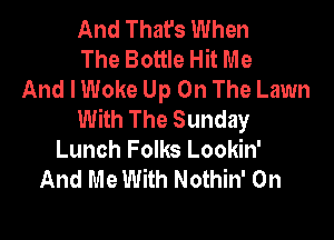 And That's When
The Bottle Hit Me

And I Woke Up On The Lawn
With The Sunday

Lunch Folks Lookin'
And Me With Nothin' 0n