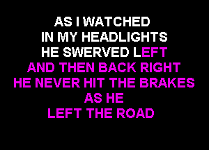 AS I WATCHED
IN MY HEADLIGHTS
HE SWERVED LEFT
AND THEN BACK RIGHT
HE NEVER HIT THE BRAKES
AS HE
LEFT THE ROAD