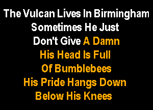 The Vulcan Lives In Birmingham
Sometimes He Just
Don't Give A Damn
His Head ls Full
Of Bumblebees
His Pride Hangs Down
Below His Knees