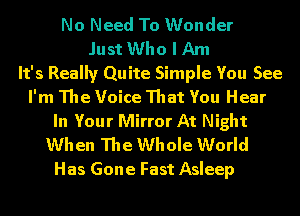 No Need To Wonder
Just Who I Am
It's Really Quite Simple You See
I'm The Voice That You Hear
In Your Mirror At Night
When The Whole World
Has Gone Fast Asleep