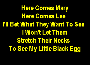 Here Comes Many
Here Comes Lee
I'll Bet What They Want To See
I Won't Let Them
Stretch Their Necks
To See My Little Black Egg