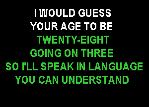 I WOULD GUESS
YOUR AGE TO BE
TWENTY-EIGHT
GOING ON THREE
SO I'LL SPEAK IN LANGUAGE
YOU CAN UNDERSTAND