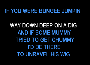 IF YOU WERE BUNGEE JUMPIN'

WAY DOWN DEEP ON A DIG
AND IF SOME MUMMY
TRIED TO GET CHUMMY
I'D BE THERE
TO UNRAVEL HIS WIG