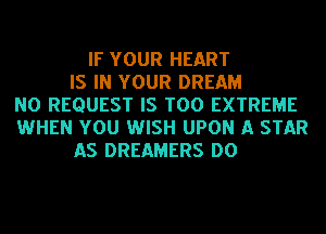 IF YOUR HEART
IS IN YOUR DREAM
NO REQUEST IS TOO EXTREME
WHEN YOU WISH UPON A STAR
AS DREAMERS DO