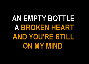 AN EMPTY BOTTLE

A BROKEN HEART

AND YOU'RE STILL
ON MY MIND