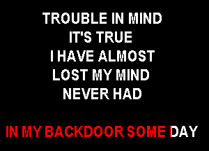 TROUBLE IN MIND
ITSTRUE
IHAVEALMOST
LOST MY MIND
NEVERHAD

IN MY BACKDOOR SOME DAY