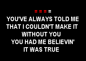 YOU'VE ALWAYS TOLD ME
THAT I COULDN'T MAKE IT
WITHOUT YOU
YOU HAD ME BELIEVIN'
IT WAS TRUE