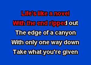 Life's like a novel
With the end ripped out
The edge of a canyon

With only one way down
Take what you're given