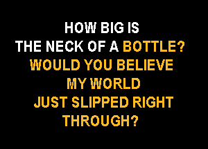 HOW BIG IS
THE NECK OF A BOTTLE?
WOULD YOU BELIEVE
MY WORLD
JUST SLIPPED RIGHT
THROUGH?