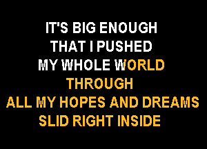 IT'S BIG ENOUGH
THAT I PUSHED
MY WHOLE WORLD
THROUGH
ALL MY HOPES AND DREAMS
SLID RIGHT INSIDE