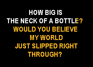 HOW BIG IS
THE NECK OF A BOTTLE?
WOULD YOU BELIEVE
MY WORLD
JUST SLIPPED RIGHT
THROUGH?