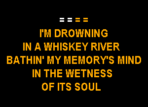 I'M DROWNING
IN A WHISKEY RIVER
BATHIN' MY MEMORY'S MIND
IN THE WETNESS
OF ITS SOUL