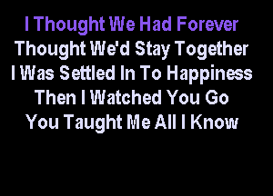 I Thought We Had Forever
Thought We'd Stay Together
I Was Settled In To Happiness

Then I Watched You Go

You Taught Me All I Know