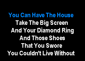 You Can Have The House
Take The Big Screen

And Your Diamond Ring
And Those Shoes
That You Swore
You Couldn't Live Without