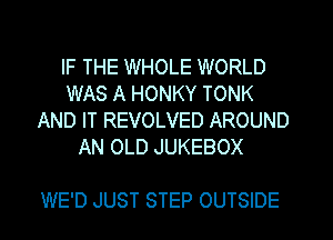 IF THE WHOLE WORLD
WAS A HONKY TONK
AND IT REVOLVED AROUND
AN OLD JUKEBOX

WE'D JUST STEP OUTSIDE