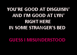 YOU'RE GOOD AT DISGUISIN'
AND I'M GOOD AT LYIN'
RIGHT HERE
IN SOME STRANGER'S BED

GUESS I MISUNDERSTOOD