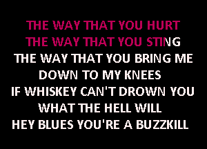 THE WAY THAT YOU HURT
THE WAY THAT YOU STING
THE WAY THAT YOU BRING ME
DOWN TO MY KNEES
IF WHISKEY CAN'T DROWN YOU
WHAT THE HELL WILL
HEY BLUES YOU'RE A BUZZKILL