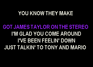 YOU KNOW THEY MAKE

GOT JAMES TAYLOR ON THE STEREO
I'M GLAD YOU COME AROUND
I'VE BEEN FEELIN' DOWN
JUST TALKIN' T0 TONY AND MARIO