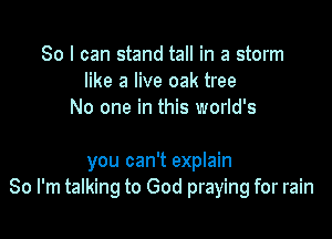 So I can stand tall in a storm
like a live oak tree
No one in this world's

you can't explain
So I'm talking to God praying for rain