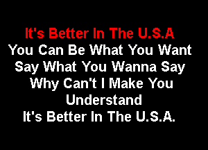 It's Better In The U.S.A
You Can Be What You Want
Say What You Wanna Say

Why Can't I Make You
Understand
It's Better In The U.S.A.