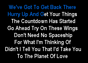 We've Got To Get Back There
Hurry Up And Get Your Things
The Countdown Has Started
Go Ahead Try On These Wings
Don't Need No Spaceship
For What I'm Thinking Of
Didn't I Tell You That I'd Take You
To The Planet Of Love