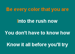 Be every color that you are
Into the rush now

You don't have to know how

Know it all before you'll try