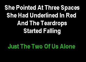 She Pointed At Three Spaces
She Had Underlined In Red
And The Teardrops
Started Falling

Just The Two Of Us Alone