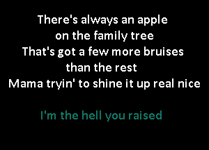 There's always an apple
on the family tree
That's got a few more bruises
than the rest
Mama tryin' to shine it up real nice

I'm the hell you raised