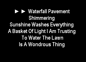Dr D Waterfall Pavement
Shimmering
SunshineWashes Everything

A Basket Of Light I Am Trusting
To Water The Lawn
Is A Wondrous Thing