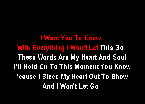 I Want You To Know
With Every1hing I Won't Let This Go
These Words Are My Head And Soul
l'II Hold On To This Moment You Know
'cause I Bleed My Head Out To Show
And I Won't Let Go