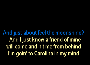 And just about feel the moonshine?
And I just know a friend of mine
will come and hit me from behind
I'm goin' to Carolina in my mind